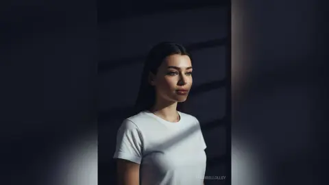 Melancholic young woman in a white t-shirt sitting in moody, dramatic shadows.