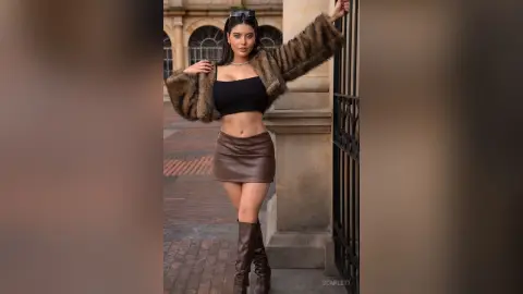 Stylish woman in a brown faux fur coat and leather mini skirt posing outdoors by a classic stone building.