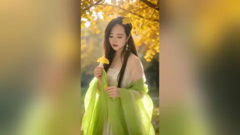 EnyaLin poses outdoors under yellow autumn leaves, wearing a white dress and a sheer lime green wrap over her shoulders.