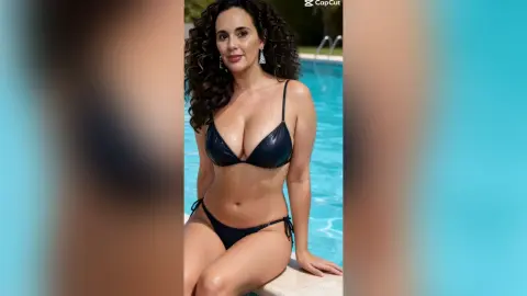 Smiling woman in a black bikini relaxing by a sunny blue swimming pool on a bright summer day.