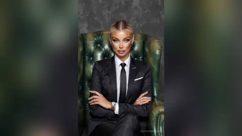 Elegant blonde woman in a black power suit sitting confidently in a green velvet armchair.