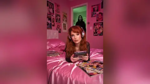 Redheaded woman in black outfit listening to music on a vintage cassette player in a pink aesthetic bedroom.