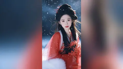 Elegant woman in traditional red Hanfu attire standing in a dreamy snowy landscape.