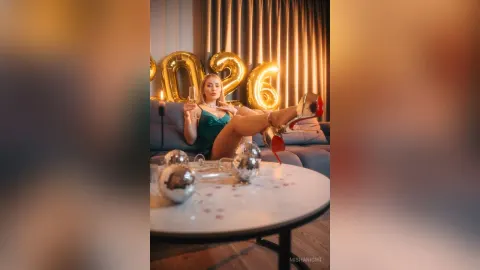 MishaNight — MishaNight relaxes on a blue sofa in a green dress, holding a glass of champagne near gold 2026 balloons.