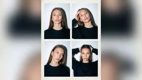 Moody portrait collage of a young woman in a black sweater against a minimalist light background.