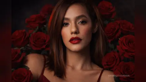 Beautiful woman with red lipstick posing against a romantic background of dark red roses.