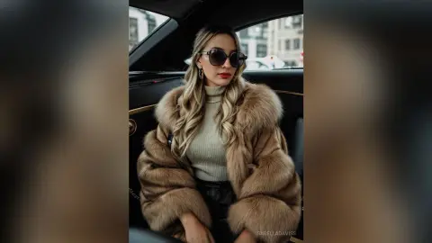 Stylish woman in a beige turtleneck and luxury faux fur coat sitting in a car wearing dark sunglasses.