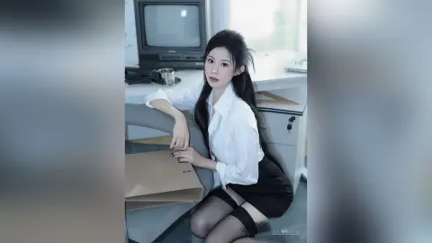 Young woman in a white blouse and black skirt sitting in a bright office setting with a nostalgic mood.