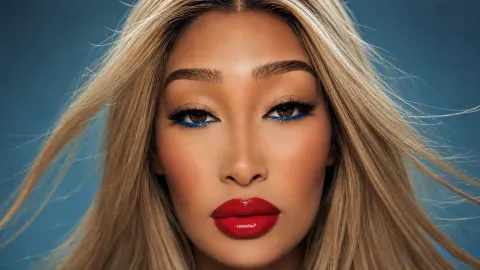 SOBLU — SOBLU looks forward with blonde hair and bright red lipstick against a blue background.