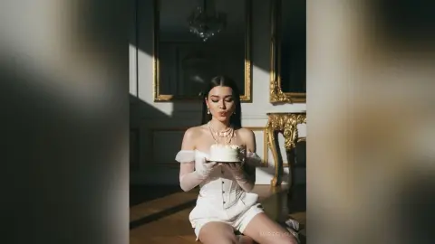 Elegant woman in white corset and gloves holding a small cake in a sunlit, classic luxury room.
