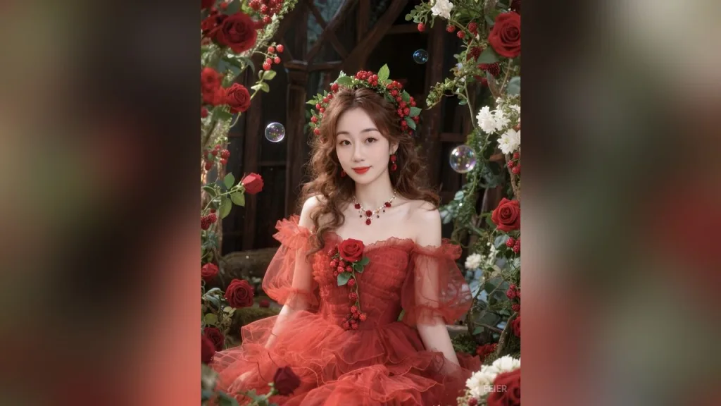 feier — feier wears a red off-the-shoulder ruffled dress and a flower crown while posing amidst red roses and floating bubbles.