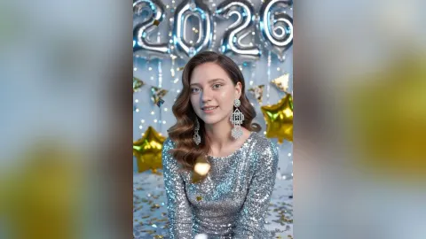 MiaAngelove — MiaAngelove smiles in a silver sequin dress under silver 2026 balloons.