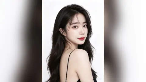 Elegant young woman with long wavy dark hair wearing a black strap top in a bright minimalist studio setting.