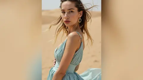 Beautiful woman in a light blue flowing dress posing in a sunny desert landscape.