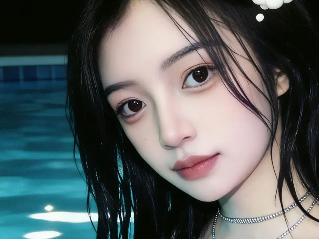 Close-up portrait of a young woman with dark hair and a silver necklace by a blue swimming pool at night.
