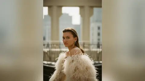 Elegant woman in a white feathered gown posing on a luxury city balcony during golden hour.
