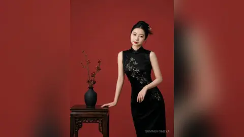 Elegant woman in a black sleeveless cheongsam standing by a vase against a deep red background.