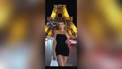 Glamorous woman in a black cocktail dress posing in front of the illuminated Eiffel Tower at night in Paris.