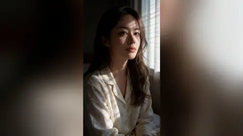 Serene young woman in cream floral pajamas sitting by a window in soft morning sunlight.