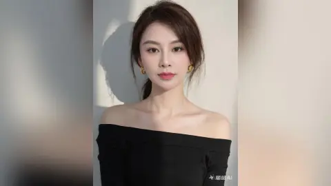 Elegant woman in a black off-the-shoulder dress posing with a sophisticated mood against a neutral background.