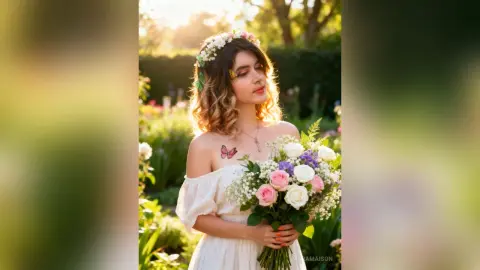 Young woman in a white sundress holding a pink rose bouquet in a sunny garden setting.