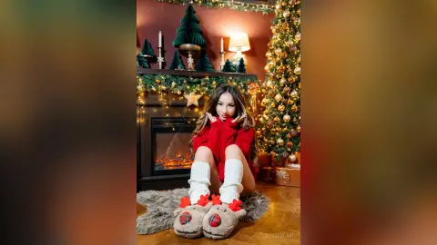 Cheerful woman in a red sweater and white fuzzy socks sitting by a glowing Christmas tree and fireplace.