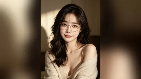 Young woman with long wavy hair and glasses wearing a cream knit sweater in soft, warm indoor lighting.