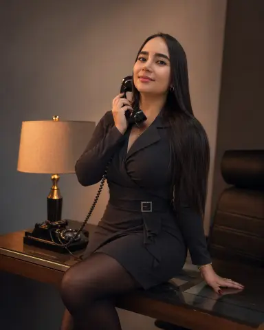 Smiling woman in a professional grey dress sitting at a desk with a vintage telephone in a moody office setting.