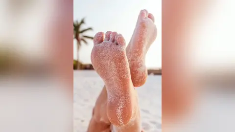 Close-up of sandy feet resting on a sunny tropical beach with palm trees in the background.