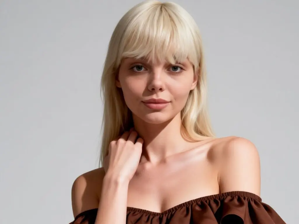 FaviolaKezele poses with her blonde hair and bangs, wearing a brown off-the-shoulder top against a plain grey background.