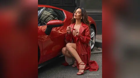 InesMoore poses next to a red sports car, wearing a red trench coat and red strappy high heels.