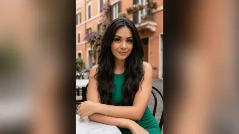 Smiling woman in a green sleeveless dress sitting at an outdoor cafe in a European city.