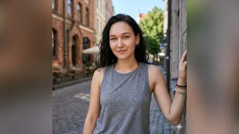 EllaVietor is a brunette woman wearing a grey tank top, posing outdoors on a cobblestone street.