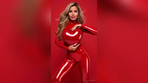 Blonde woman in a shiny red latex bodysuit holding a heart against a vibrant red background.
