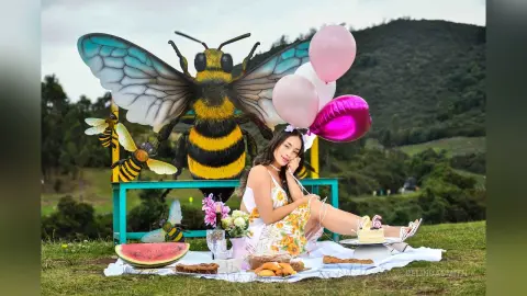 Woman in white floral dress having a picnic with cake and watermelon near giant bee sculptures in a green field.