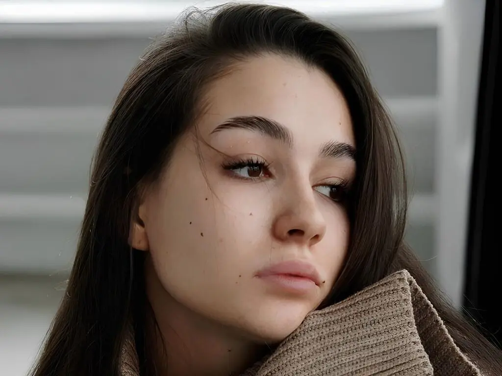 Young woman with long brown hair wearing a cozy beige knit sweater in a soft, natural light setting.