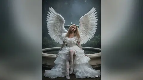 Ethereal angel woman in a white ruffled gown with large feathered wings sitting by a misty stone fountain.