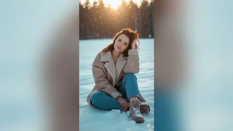 KetrinRosse — Young woman in a beige shearling coat and blue jeans sitting in a snowy winter forest during golden hour.