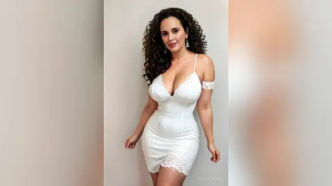 Smiling woman in a white lace cocktail dress posing against a minimalist studio background.