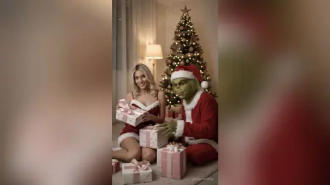 JessycaPage sits on the floor in a red velvet outfit, holding a pink gift box next to the Grinch in a Santa suit by a lit Christmas tree.