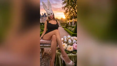 Woman in a black bodysuit and silver bunny mask sitting in a garden at sunset near floral decorations.