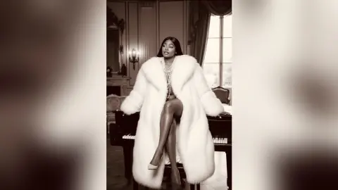 Elegant Black woman in a luxurious white faux fur coat posing glamorously in a classic vintage room.