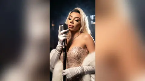 Glamorous female singer in a sparkling gold sequin dress and white gloves singing into a vintage microphone.