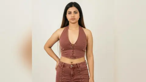 Young woman in a dusty rose halter crop top and matching denim shorts posing against a white background.