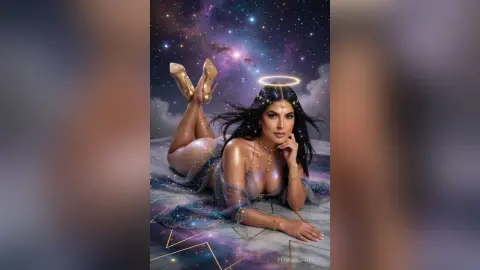 Glamorous woman in a sparkling celestial outfit lying under a starry galaxy background with a glowing halo.