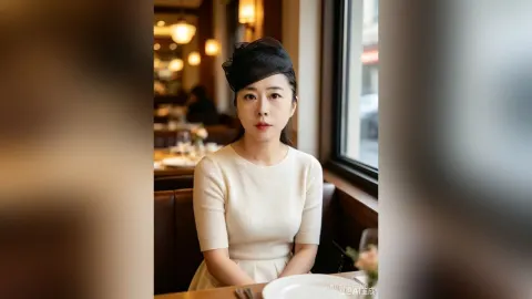 AuraraFeng — AuraraFeng sits at a restaurant table wearing a white dress and a black fascinator hat.