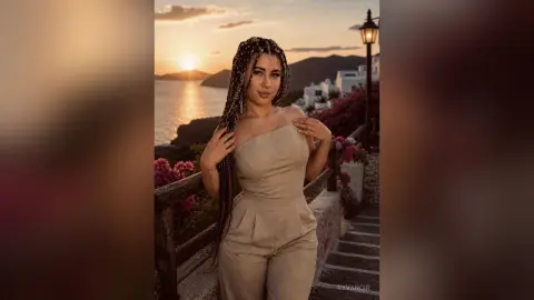 Woman in beige jumpsuit standing on a coastal balcony during a golden hour sunset overlooking the ocean.