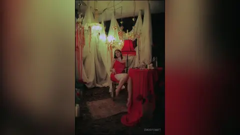 EmorySwift sits on a stool wearing a red dress, posed next to a red-clothed table and a red lampshade in a room with white drapes and a chandelier.