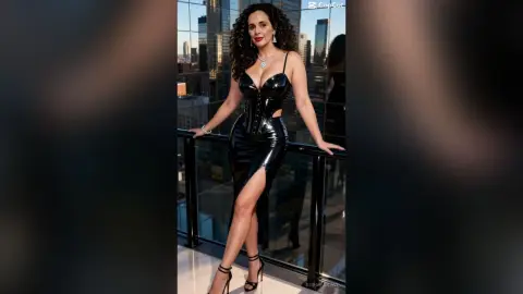 Elegant woman in a black leather corset dress posing on a city rooftop balcony at sunset.