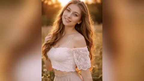 Smiling young woman in a white lace crop top enjoying golden hour sunlight in a dreamy meadow field.